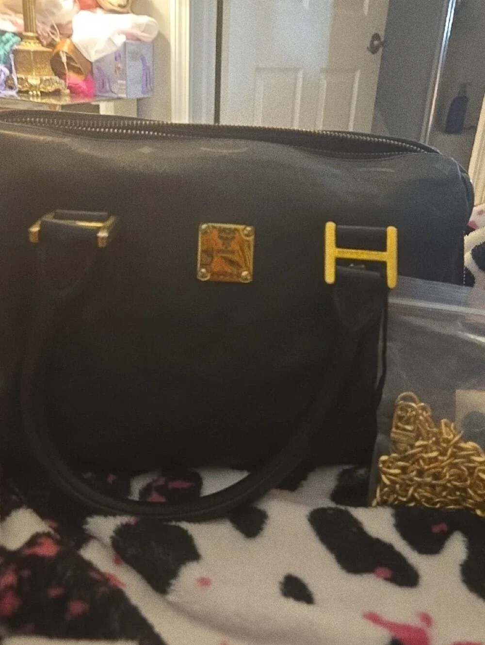MCM Black Satchel with Gold Hardware and Logo Plaque, Chain Included. Make Offer